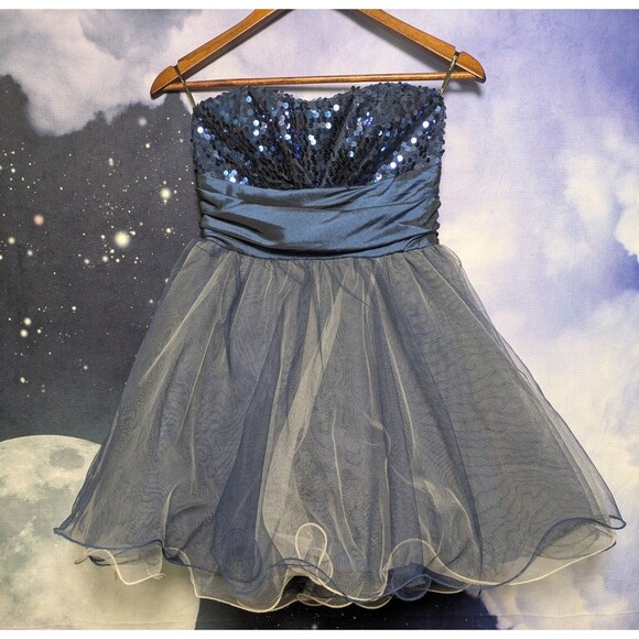 Navy Blue Sequin Strapless Tulle Party Dress Size 3 Prom Homecoming Speechless - Picture 1 of 11